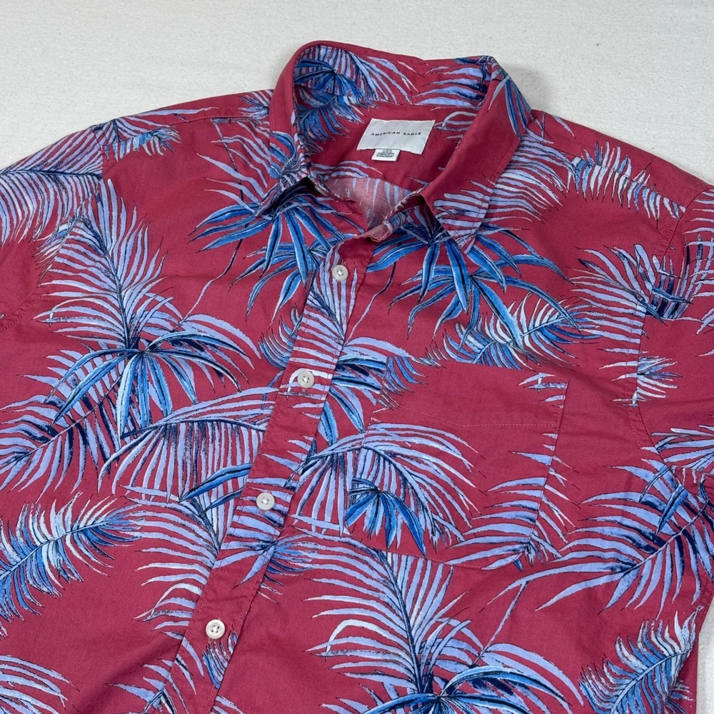 American Eagle Men Tropical Palm Leaf Button Hawaiian Down Shirt Red Blue Size L